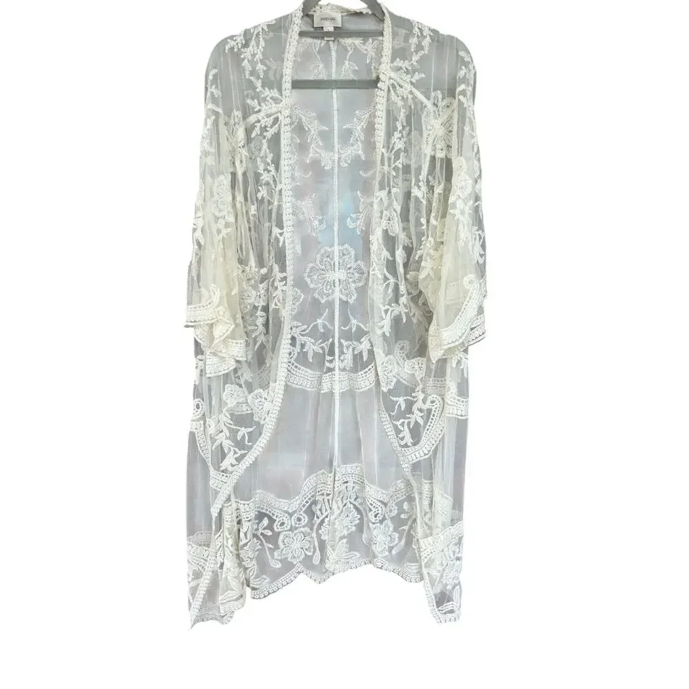 Boho Ivory Embroidered Mesh Lace Kimono Duster Sheer Festival Cardigan L